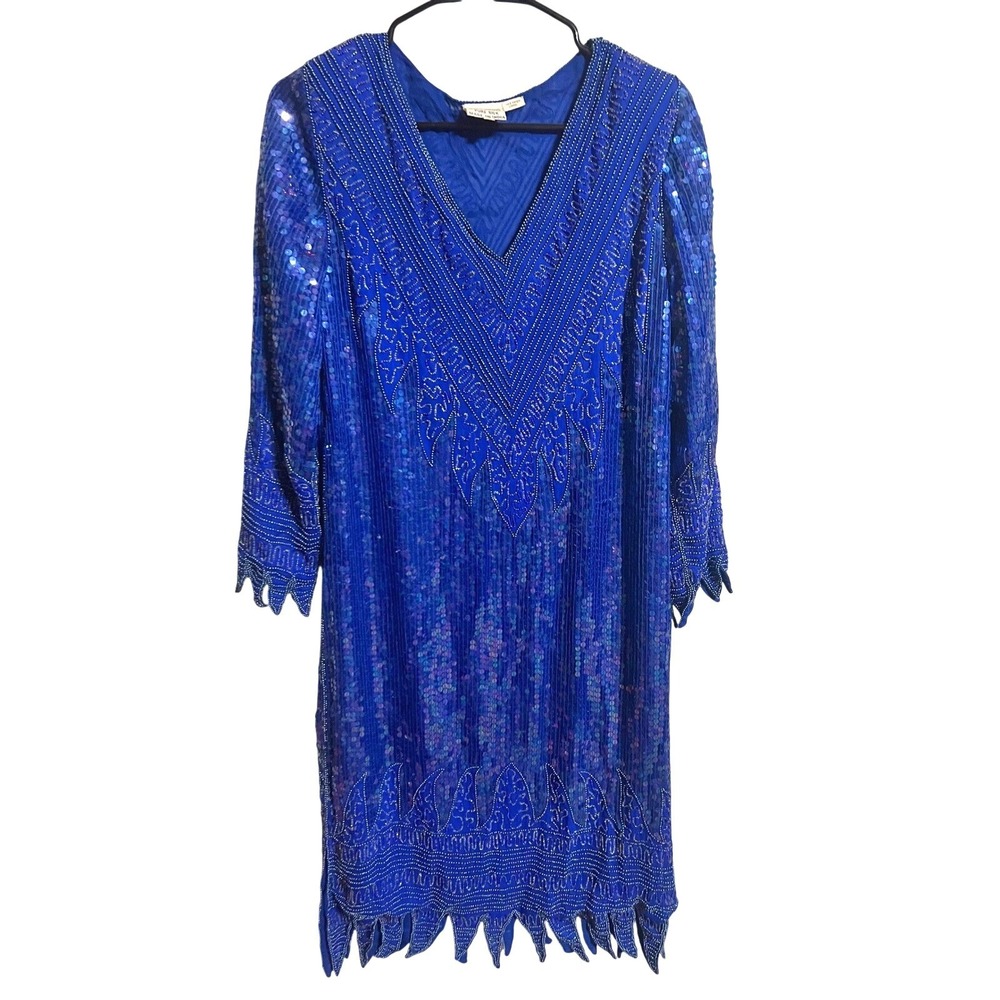 Maharaj Vintage Silk Beaded Sequin Dress Royal Blue V-Neck Long Sleeve Gatsby S
